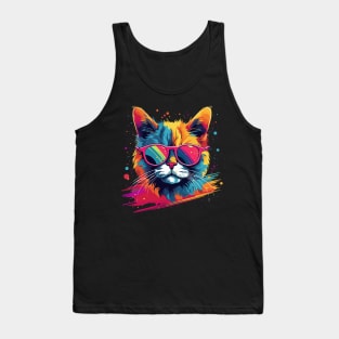 Party Cat in Sunglasses Men Women 80s 90s Retro Funny Cat Tank Top